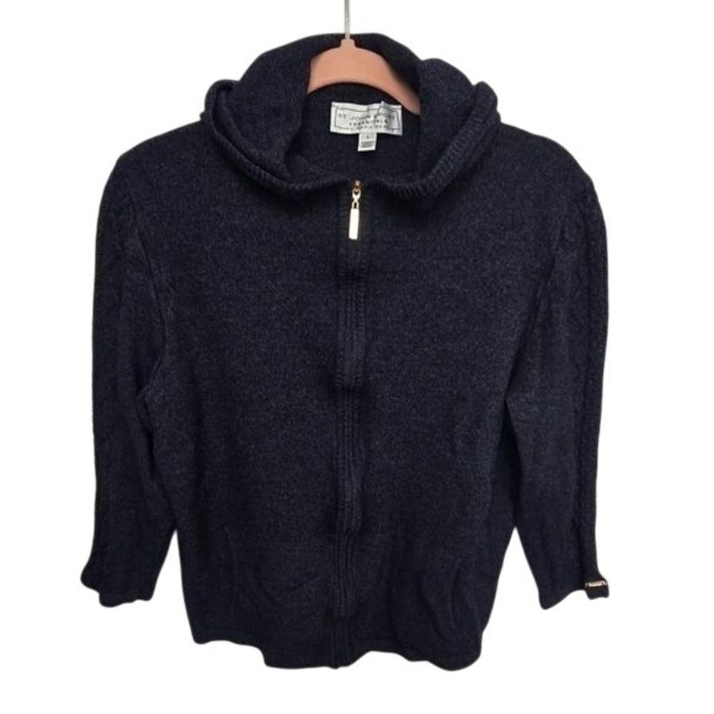 St John Sport Zip Hoodie Women L Navy Blue Excellent Knit Sweater‎ Marie Gray